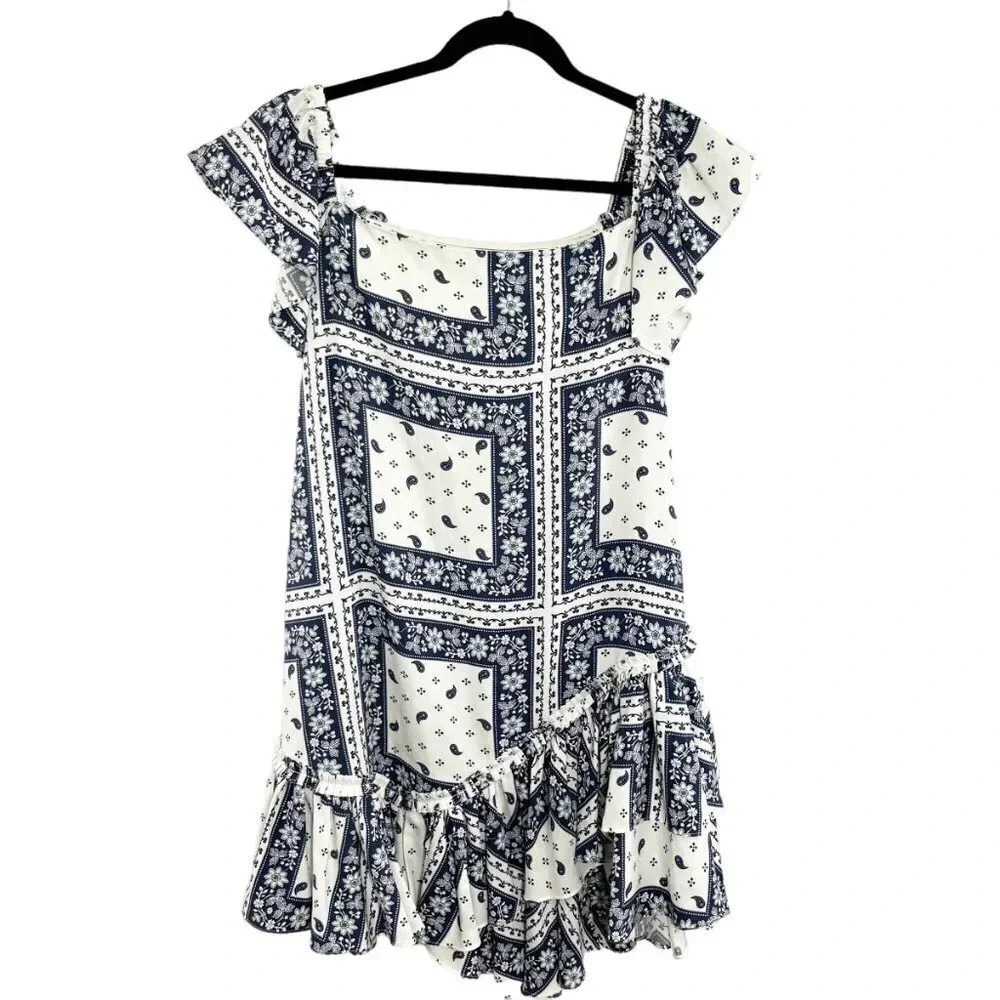 Cinq a Sept Minella Blue & White Paisley Ruffle Bottom Dress Women's Size 8